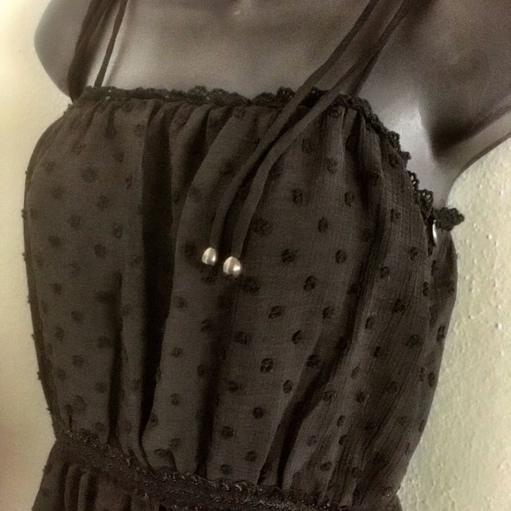 NIB Layered Textured Boho Black Dress Midi Summer Dress Lacy Hem Spaghetti Ties